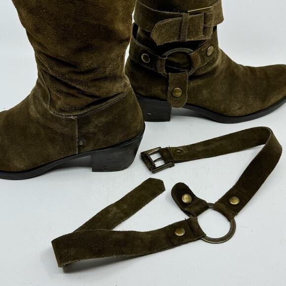 POLLINI Way-out Olive Suede Buckle Riding Boots - Picture 2 of 10